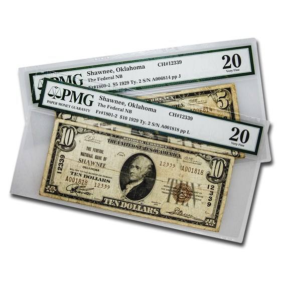 1929 Type 2 $5, $10 Shawnee, Oklahoma VF PMG (CH#12339, Set) 1929 Type 2 $5, $10 Shawnee, Oklahoma VF PMG (CH#12339, Set)